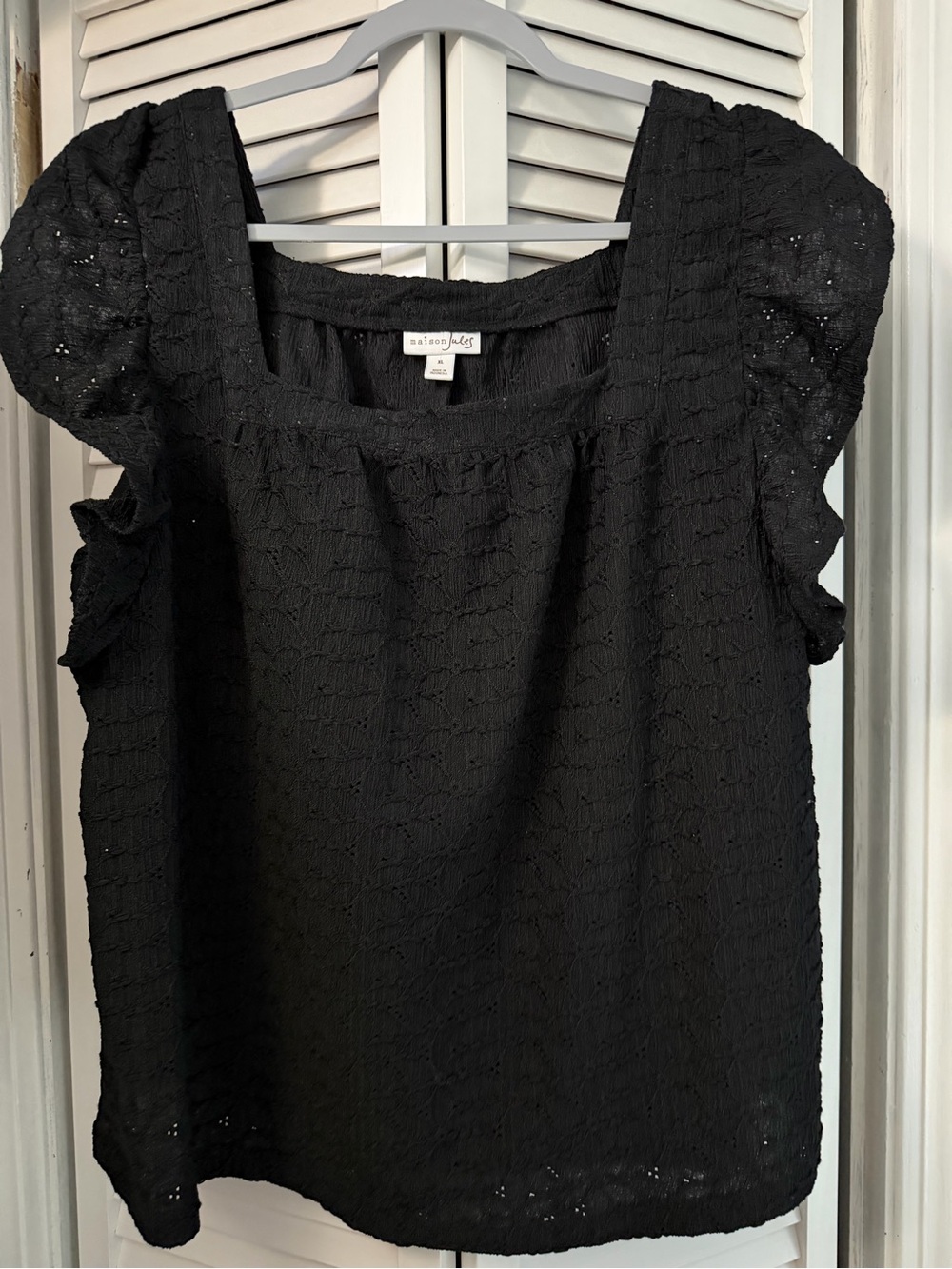 Maison Jules Black Eyelet Square Neck Puff Sleeve Top